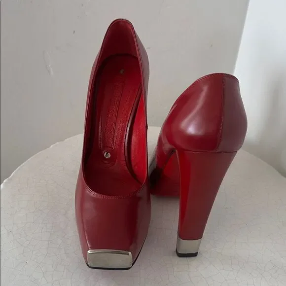 Gianmarco Lorenzi Bold Leather Red Heels Platform Square Toe Red Outsole Size 36 - Picture 13 of 14